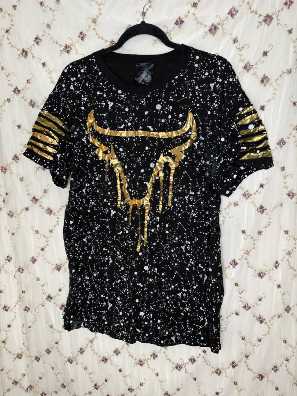 Black Short Sleeve Tee with Metallic Gold Drip Graphic